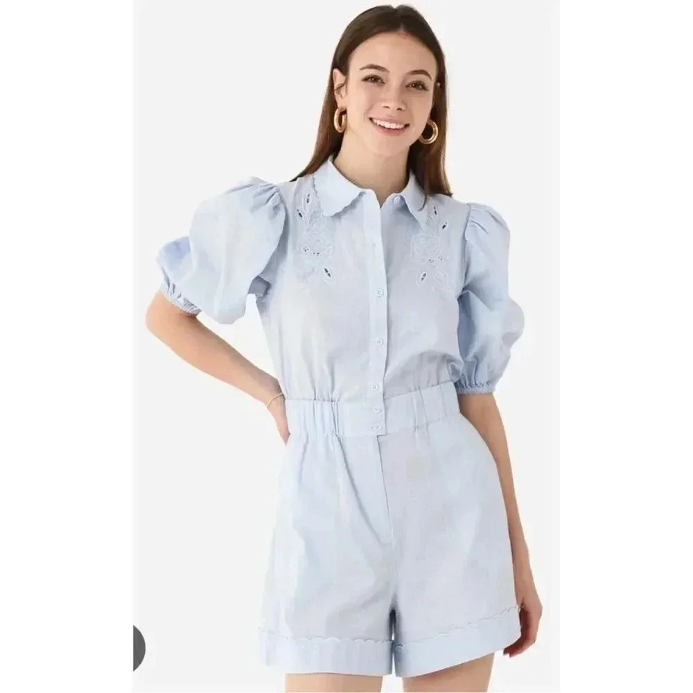 Hunter Bell Light Blue Puff Sleeve Romper